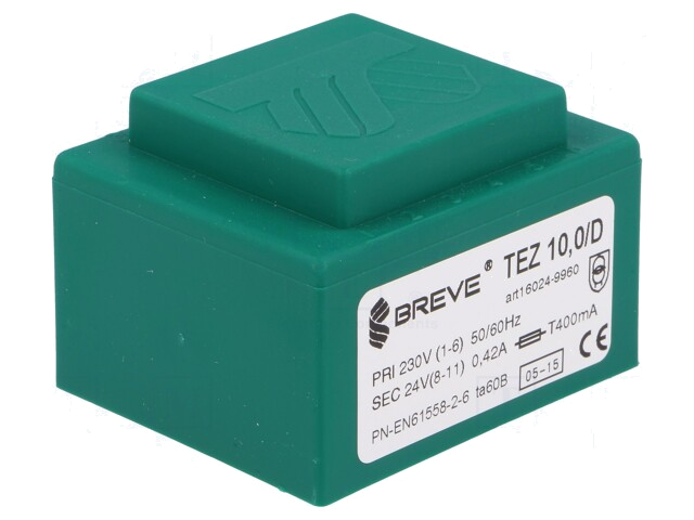 Transformator: ingegoten; 10VA; 230VAC; 24V; 416,6mA; PCB; IP00 Transformator: ingegoten; 10VA; 230VAC; 24V; 416,6mA; PCB; IP00